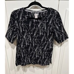 Chico's‎ Size 1 Medium Supima Cotton V-Neck Top Black White Parrot Bird Print